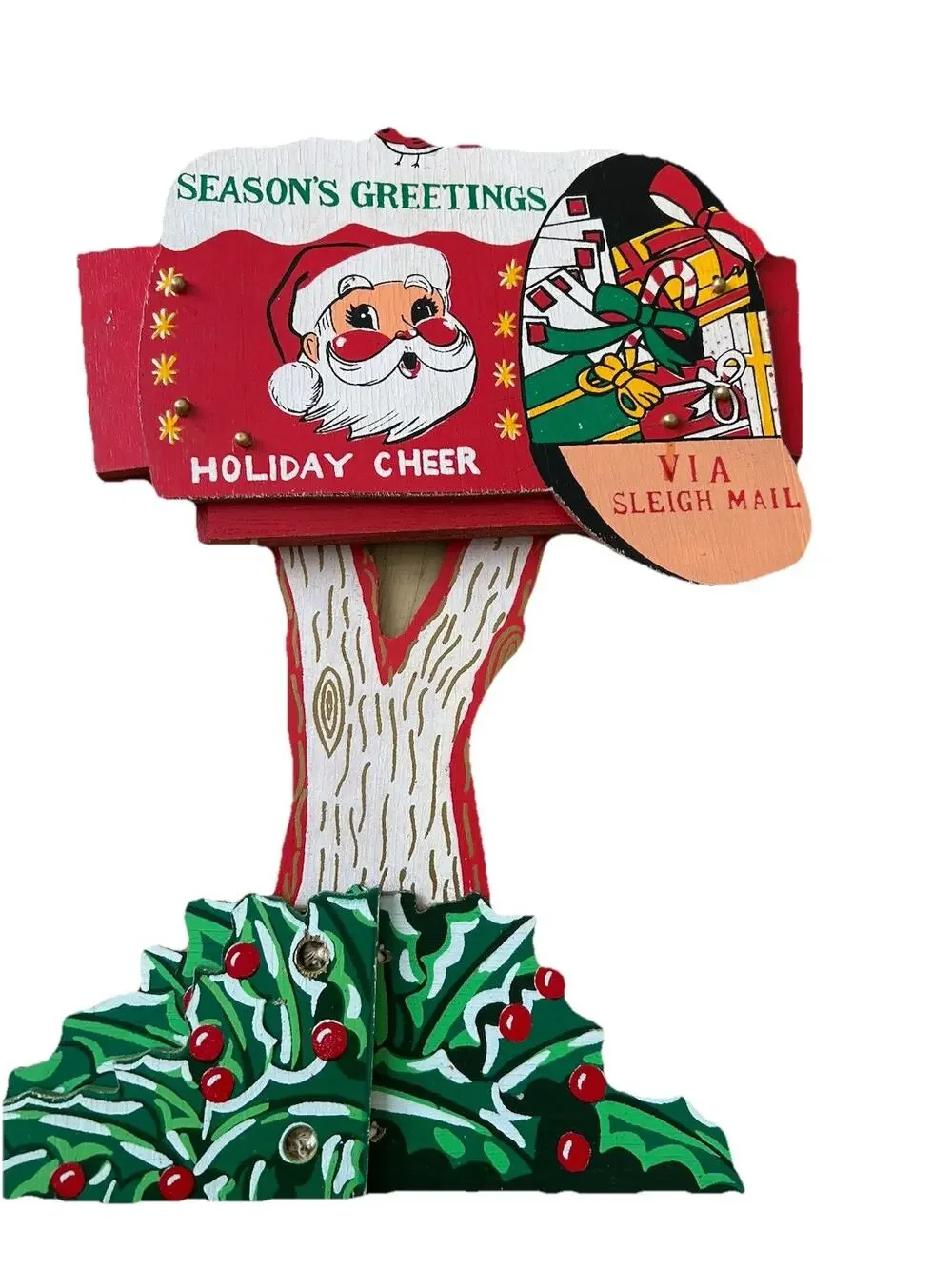 Vintage 50s Santa’s Mailbox card holder Christmas decor Folding Wood 1950s Japan